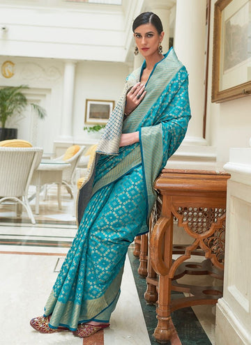 Dazzling Look Bandhani Patola Print Light Blue Silk Saree